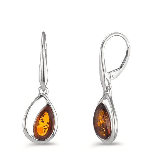 Pendant d'oreilles Argent Ambre 2 Pierres Rhodié