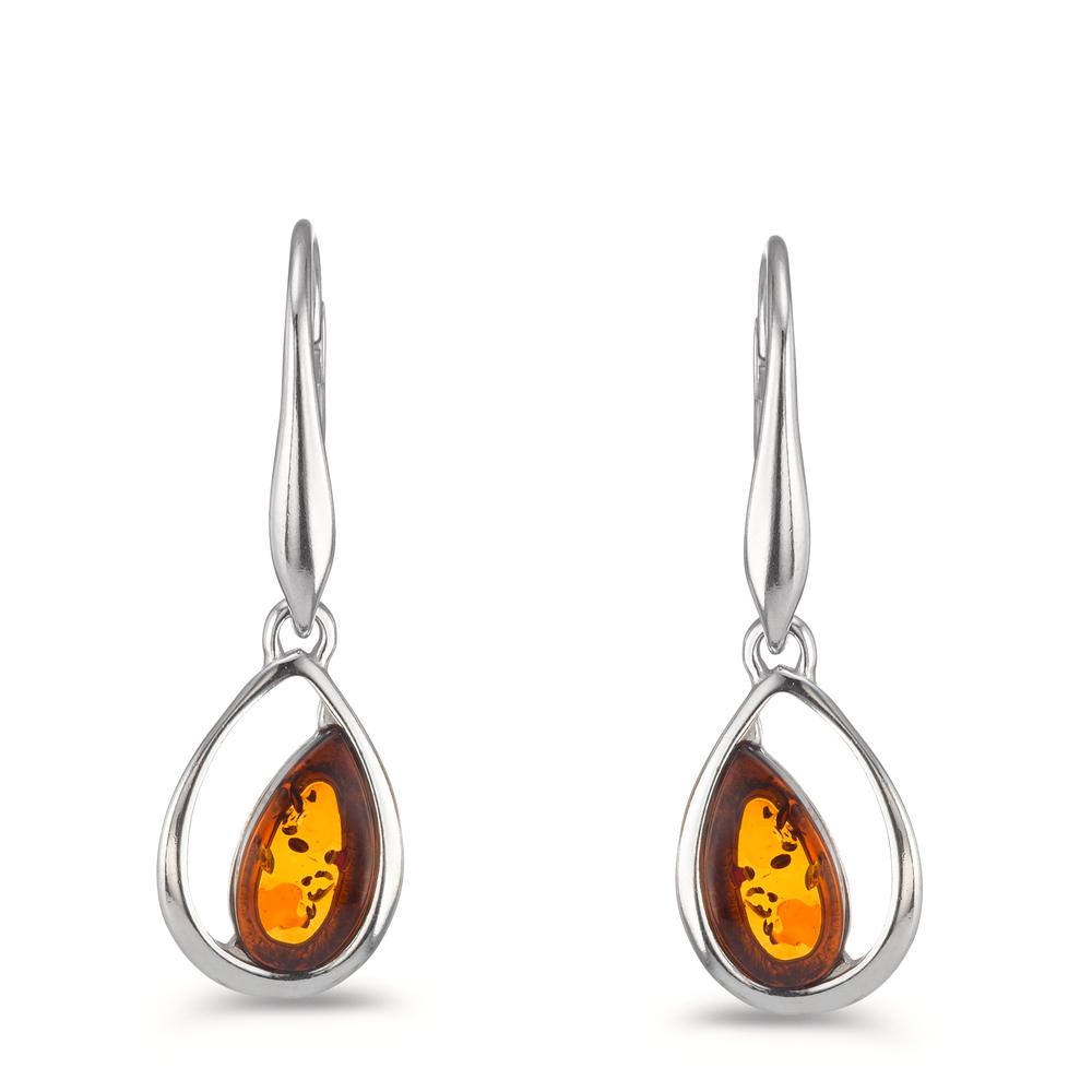 Pendant d'oreilles Argent Ambre 2 Pierres Rhodié