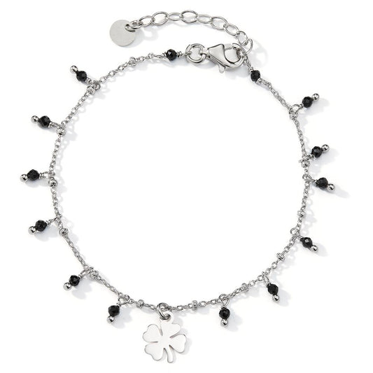 Bracelet Argent Cristal noir, 14 Pierres Rhodié Feuille de Trèfle 16-19 cm