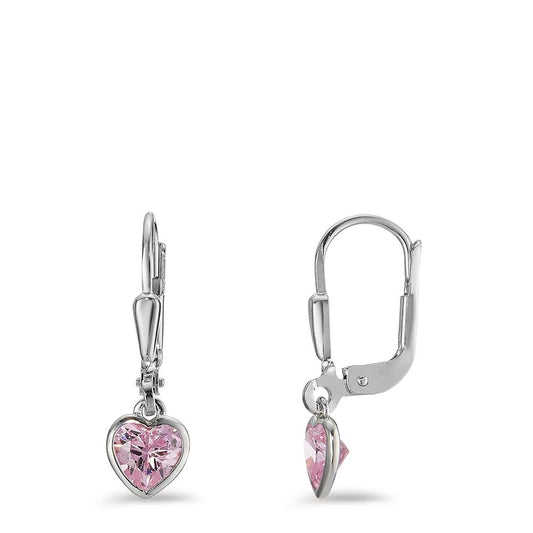 Pendant d'oreilles Argent Zircone rose, 2 Pierres Rhodié Coeur Ø6 mm