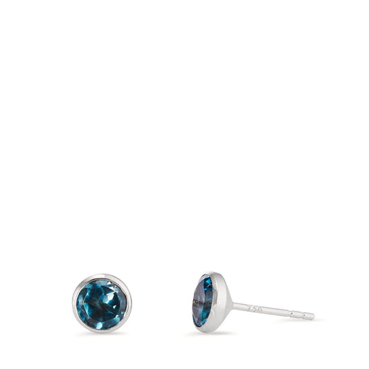 Clous d'oreilles Or blanc 18K Topaze London Blue 2 Pierres Ø6.5 mm