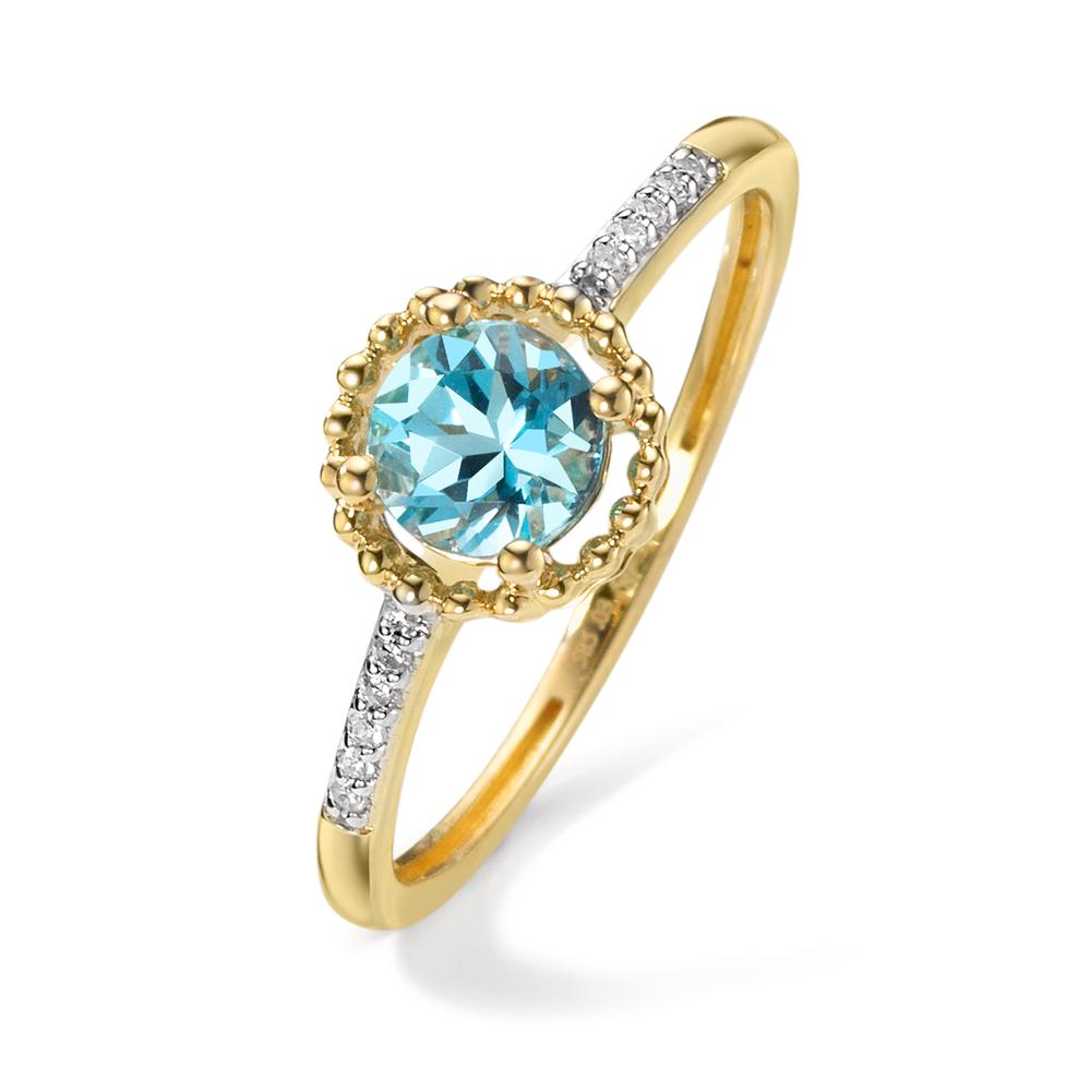 Bague Or jaune 14K Topaze bleu, Diamant 0.03 ct, 10 Pierres, w-si