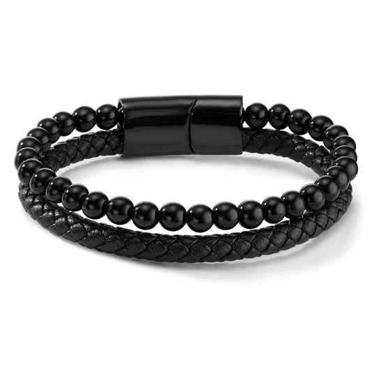 Bracelet Acier inoxydable, Cuir Lava noir PVD 20.5 cm