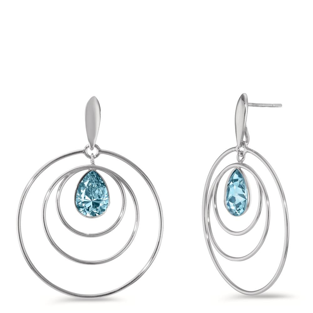 Pendant d'oreilles Argent Zircone aqua, 2 Pierres Rhodié Ø30 mm