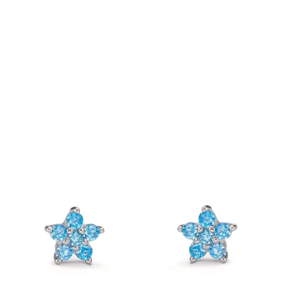 Clous d'oreilles Argent Zircone aqua, 12 Pierres Rhodié Fleur Ø6 mm