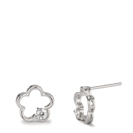 Clous d'oreilles Argent Zircone 2 Pierres Rhodié Fleur Ø11 mm