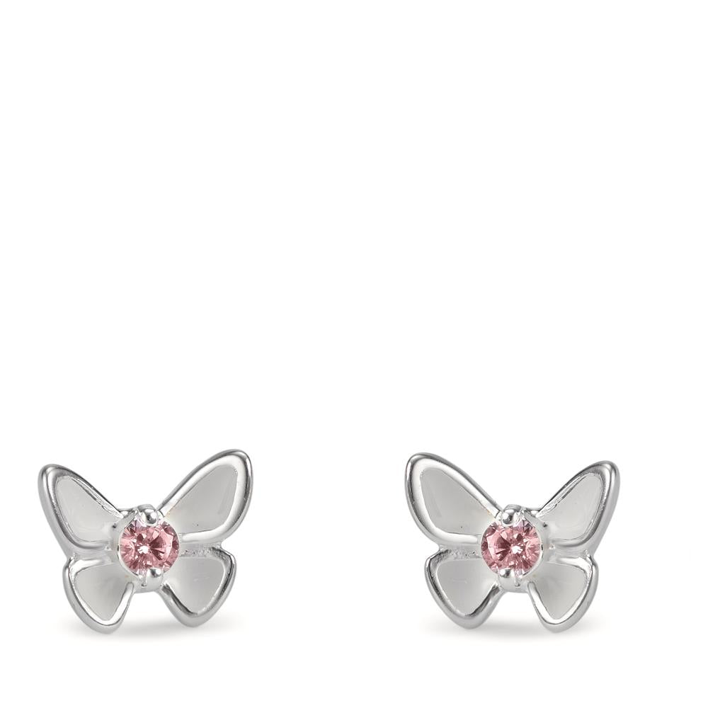 Clous d'oreilles Argent Zircone rose, 2 Pierres Émaillé Papillon Ø7 mm