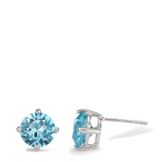 Clous d'oreilles Argent Zircone aqua, 2 Pierres Rhodié Ø8 mm