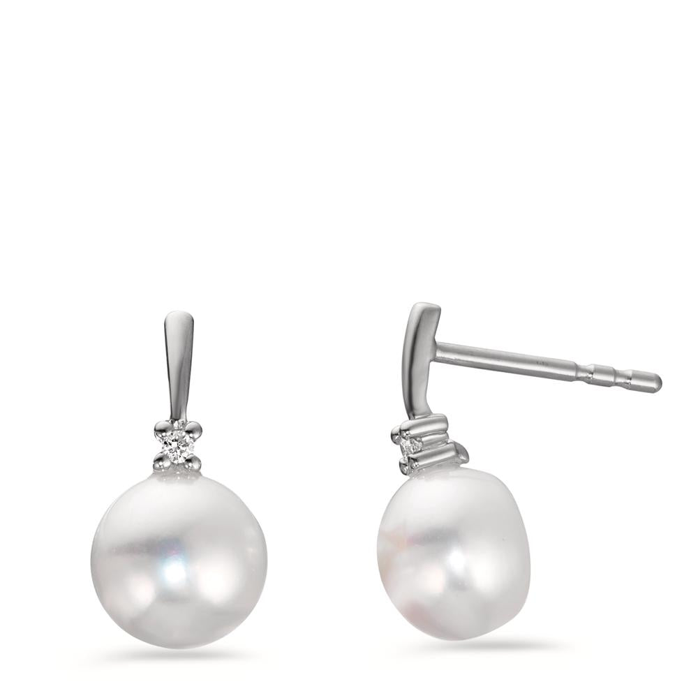 Clous d'oreilles Or blanc 18K Diamant 0.02 ct, 2 Pierres, w-pi1 perle d'eau douce