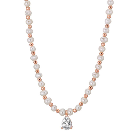 Collier Argent Zircone rosé Plaqué or perle d'eau douce 36-41 cm