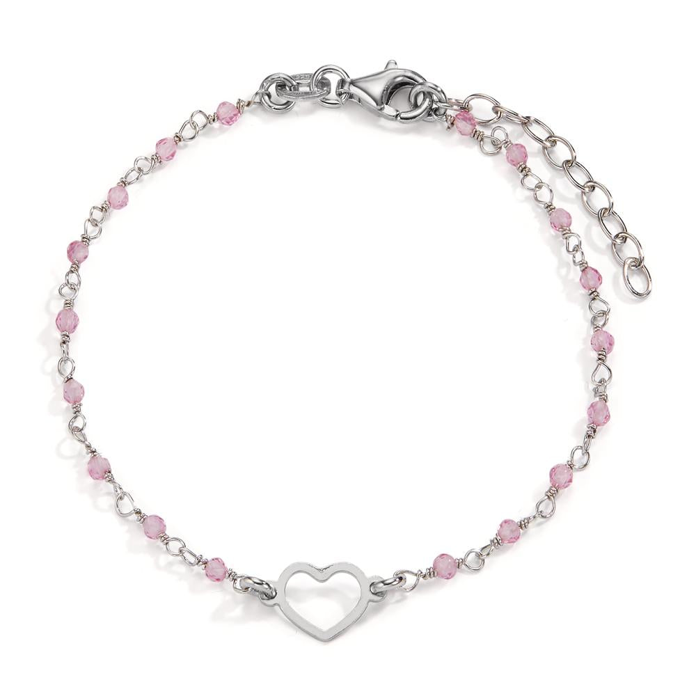 Bracelet Argent Cristal rose, 18 Pierres Rhodié Coeur 15.5-18.5 cm