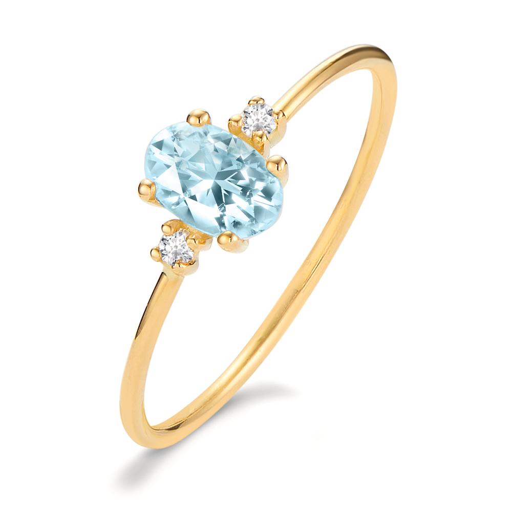 Bague Or jaune 18K Diamant 0.03 ct, 3 Pierres, w-si, Topaze bleu