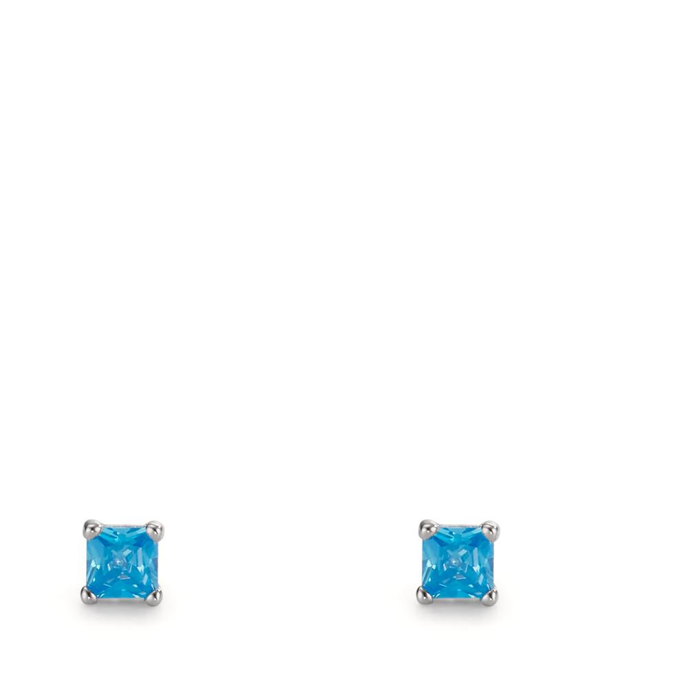 Clous d'oreilles Argent Zircone bleu, 2 Pierres Rhodié Ø3.5 mm