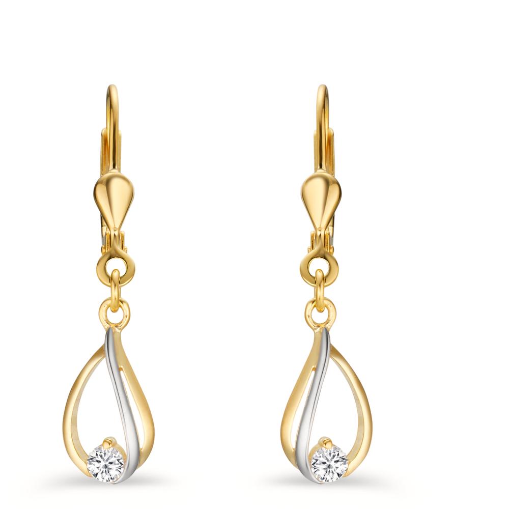 Pendant d'oreilles Or jaune 9K Zircone 2 Pierres Bicolore