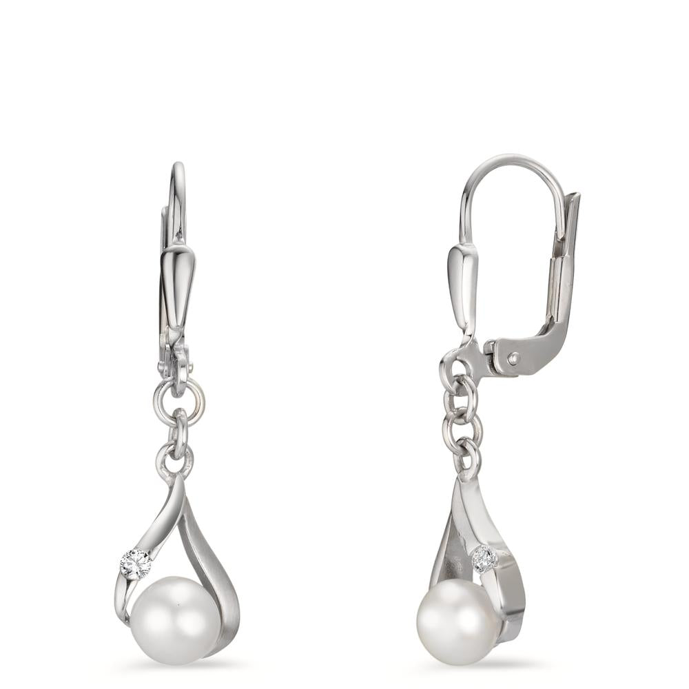 Pendant d'oreilles Or blanc 9K Zircone 2 Pierres perle d'eau douce