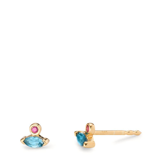 Clous d'oreilles Or jaune 14K Rubis 0.03 ct, 2 Pierres, Topaze London Blue 0.18 ct, 2 Pierres Ø4.5 mm