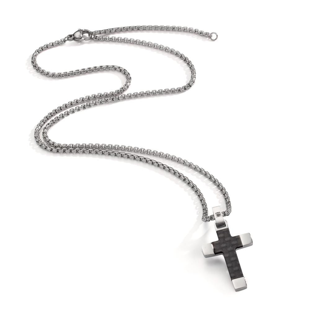 Collier Acier inoxydable, Carbone Zircone noir Croix 45-50 cm