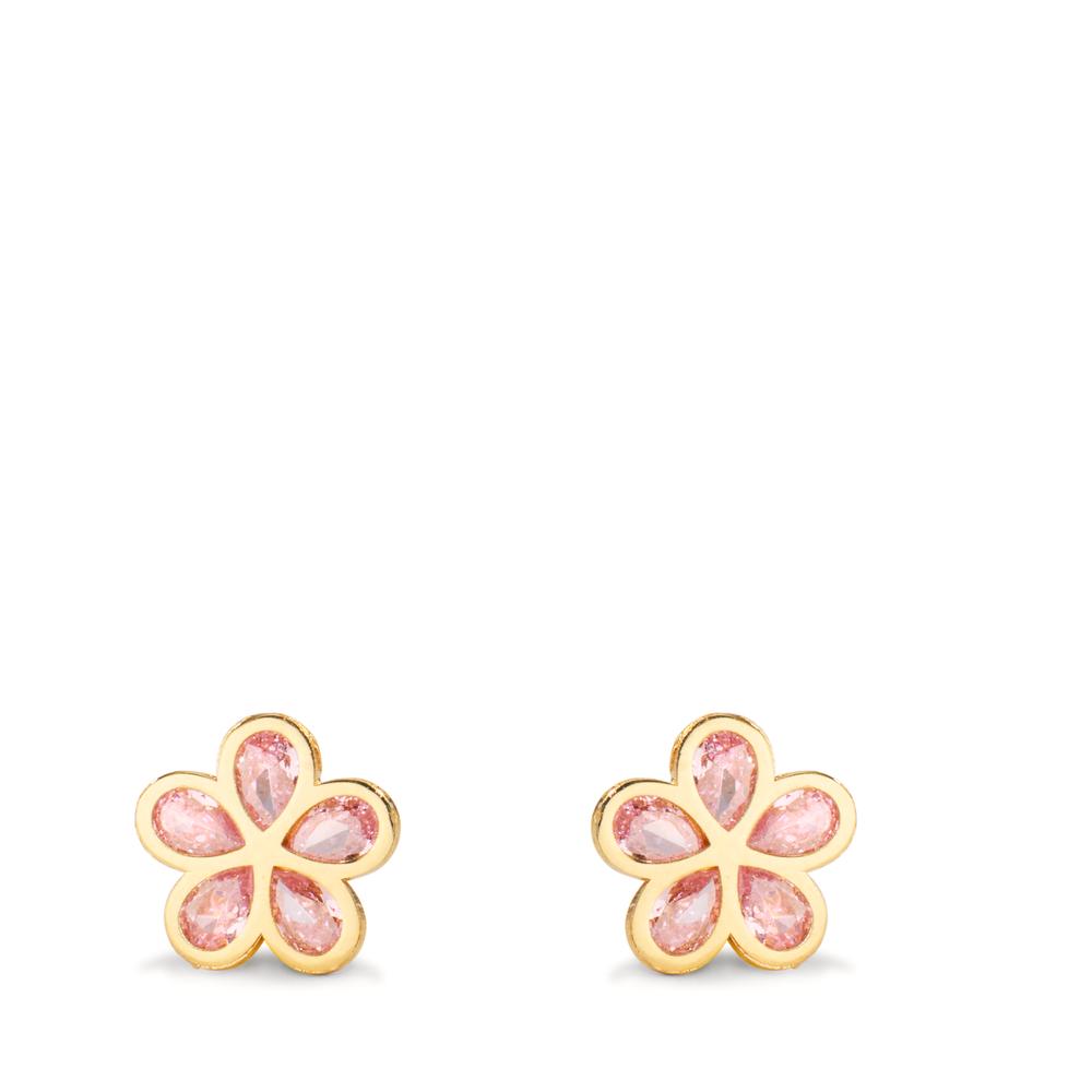 Clous d'oreilles Or jaune 9K Zircone rose, 5 Pierres Fleur Ø7.3 mm