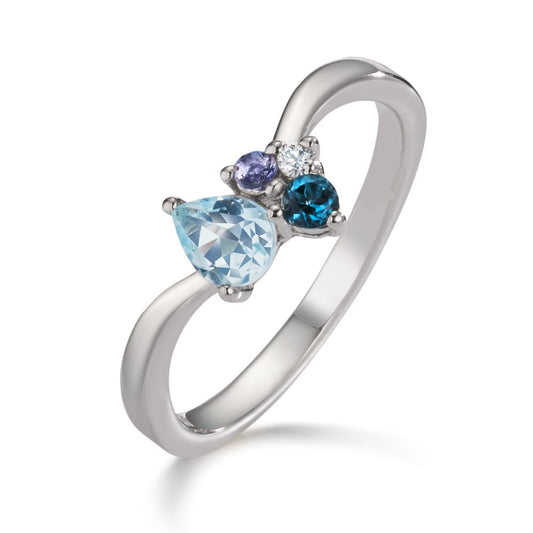 Bague Argent Zircone, Lolite, Topaze London Blue, Topaze bleu Rhodié