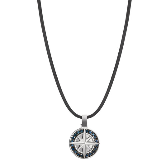 Chaînette avec pendentif Acier inoxydable, Cuir Zircone noir Boussole 50 cm Ø18 mm