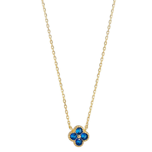 Collier Argent Zircone bleu, 4 Pierres jaune Plaqué or Fleur 40-45 cm